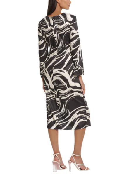 Black Cream Tied Waist Marble Print Midi Wrap Dress by Donna Morgan D8441M