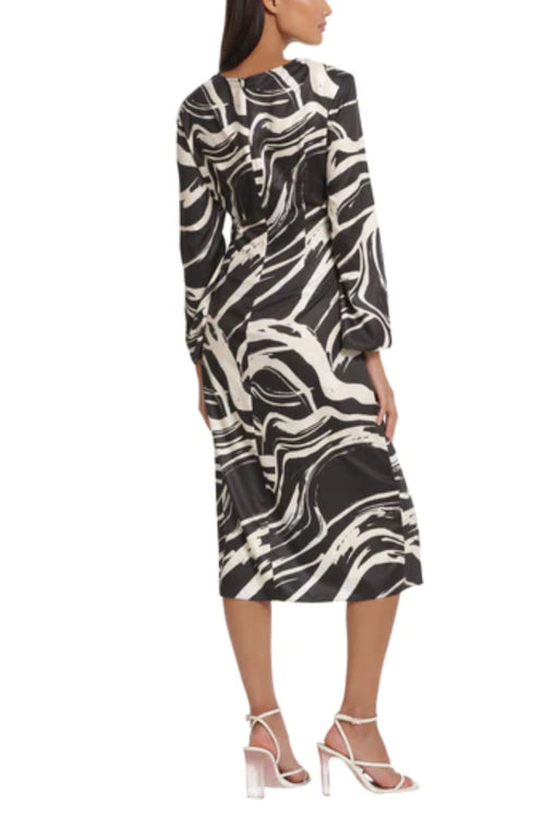 Black Cream Tied Waist Marble Print Midi Wrap Dress by Donna Morgan D8441M