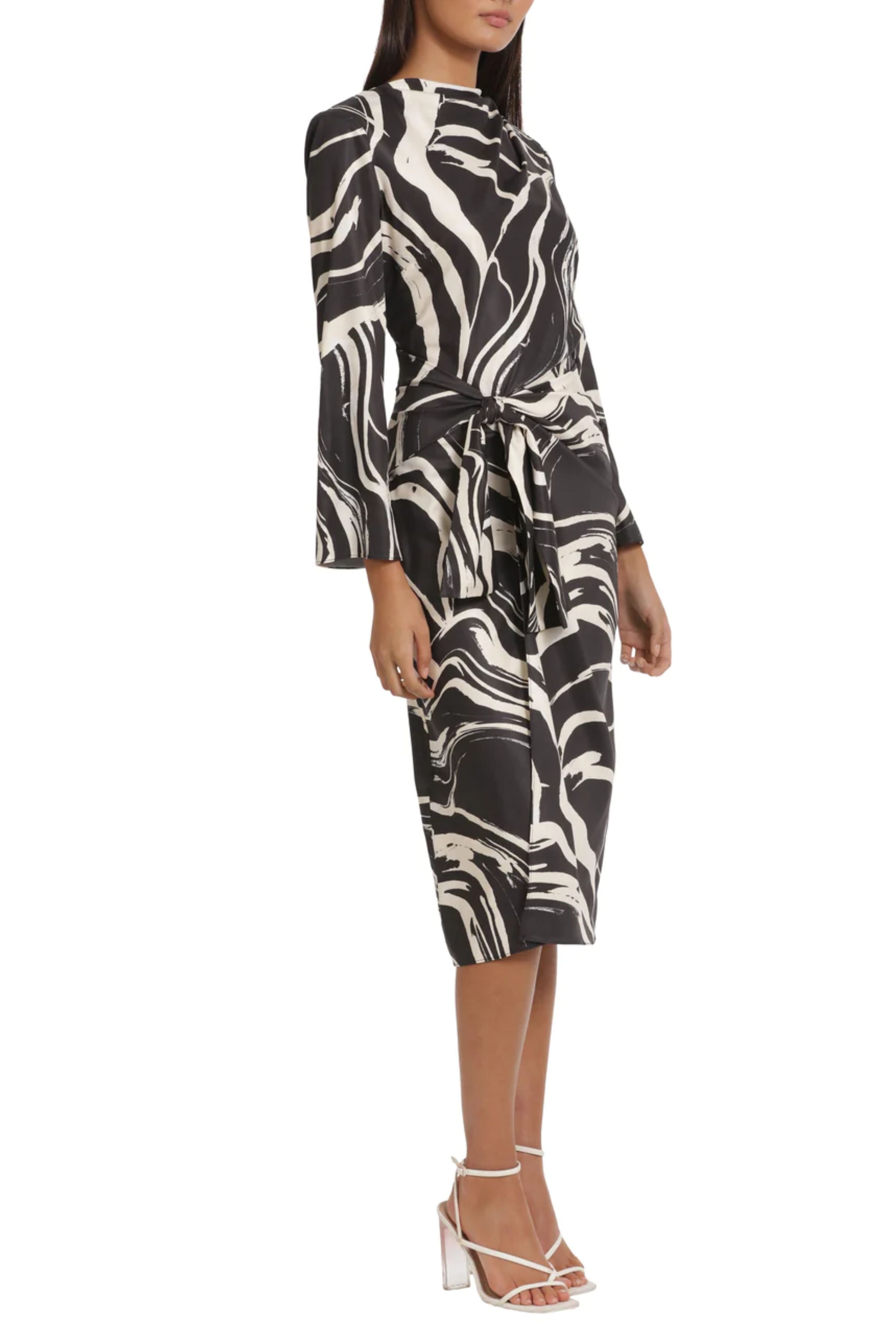 Black Cream Tied Waist Marble Print Midi Wrap Dress by Donna Morgan D8441M