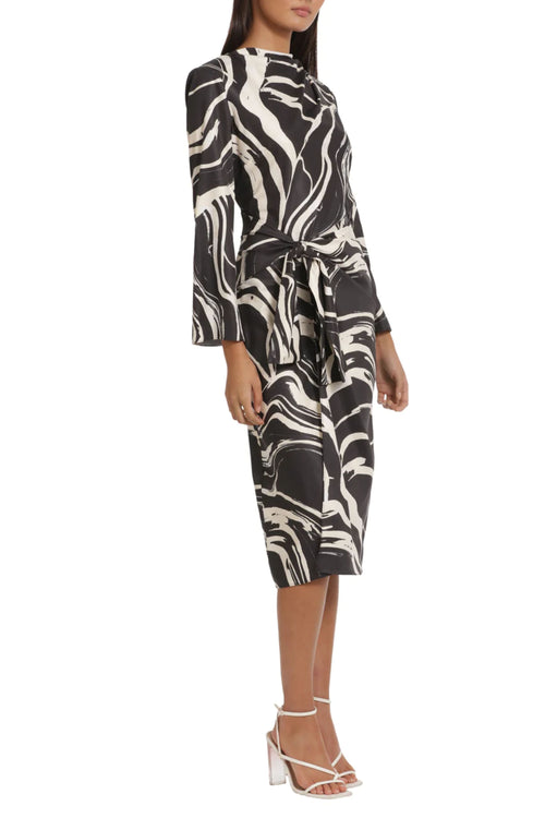 Black Cream Tied Waist Marble Print Midi Wrap Dress by Donna Morgan D8441M