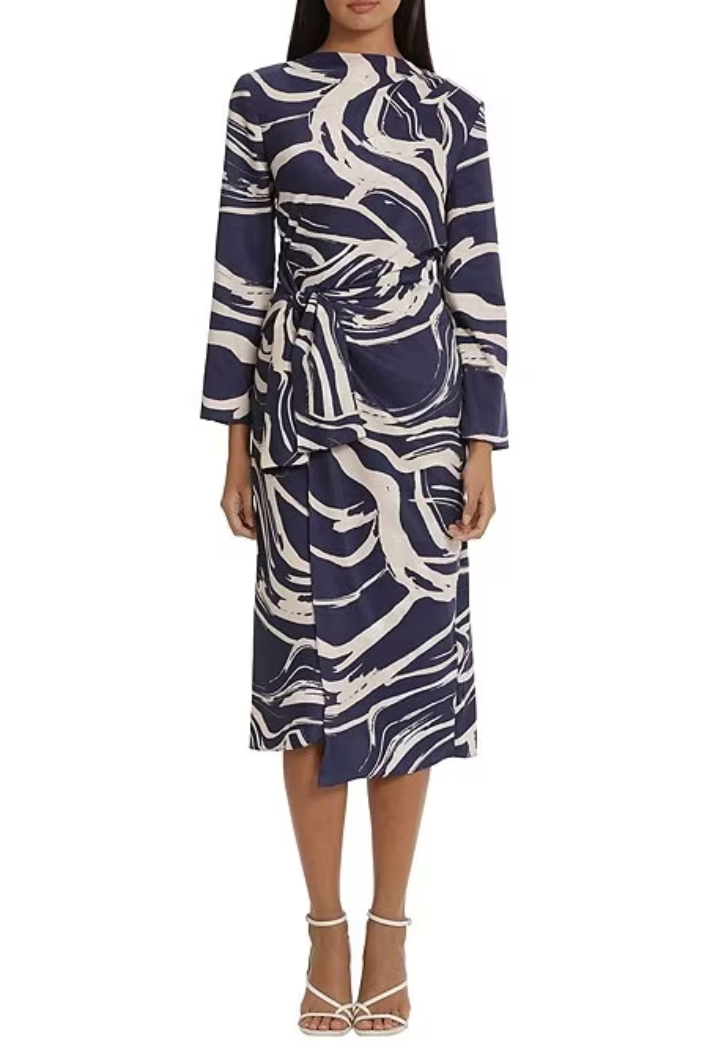 Navy Beige Tied Waist Marble Print Midi Wrap Dress by Donna Morgan D8441M