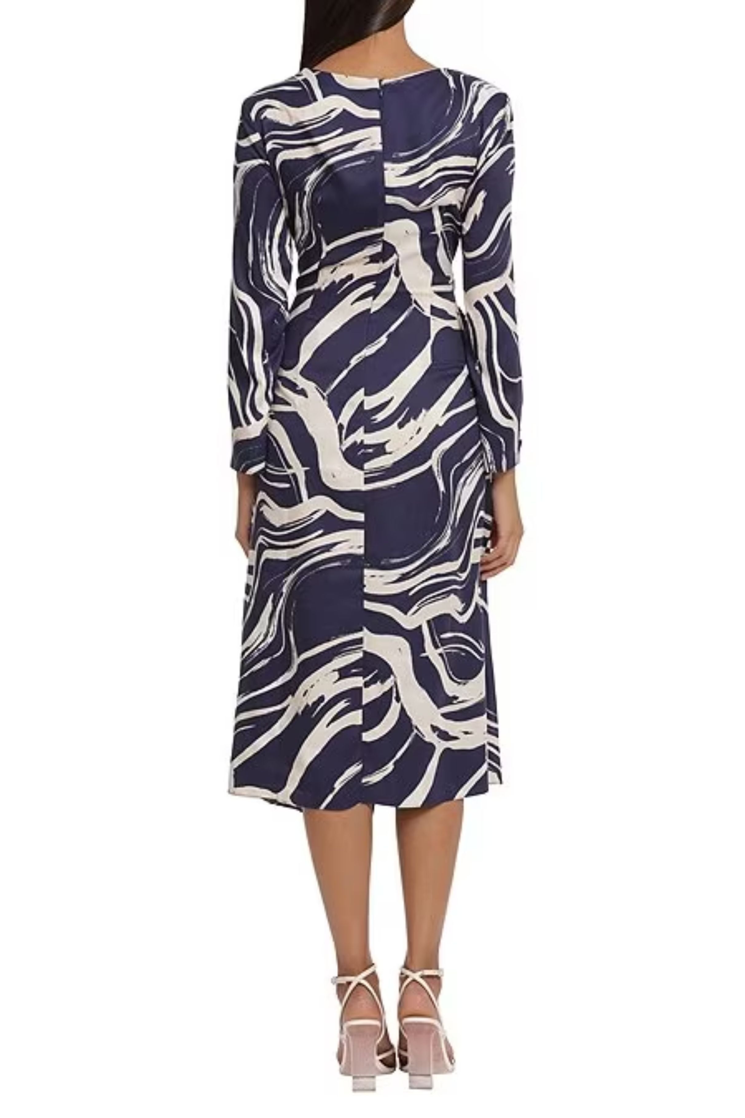 Navy Beige Tied Waist Marble Print Midi Wrap Dress by Donna Morgan D8441M