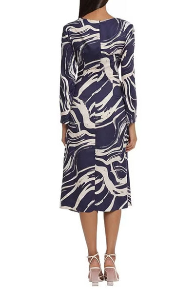 Navy Beige Tied Waist Marble Print Midi Wrap Dress by Donna Morgan D8441M