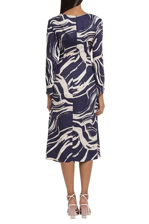 Navy Beige Tied Waist Marble Print Midi Wrap Dress by Donna Morgan D8441M