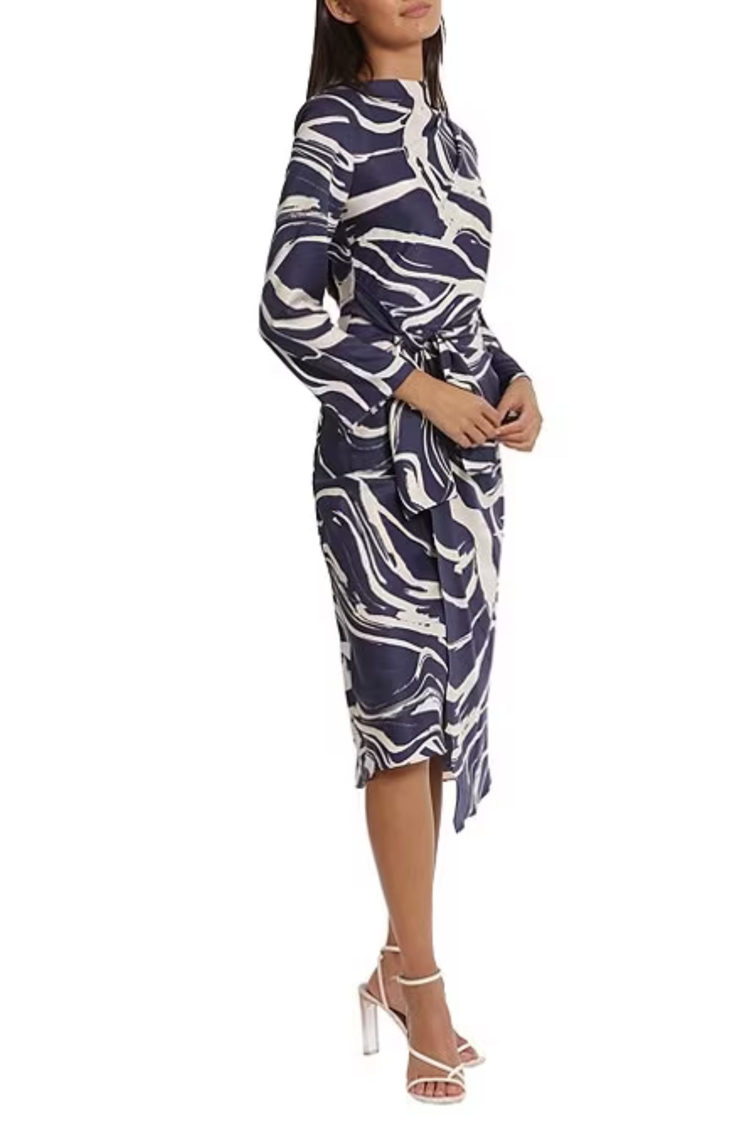 Navy Beige Tied Waist Marble Print Midi Wrap Dress by Donna Morgan D8441M