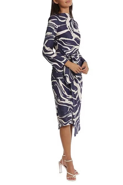 Navy Beige Tied Waist Marble Print Midi Wrap Dress by Donna Morgan D8441M