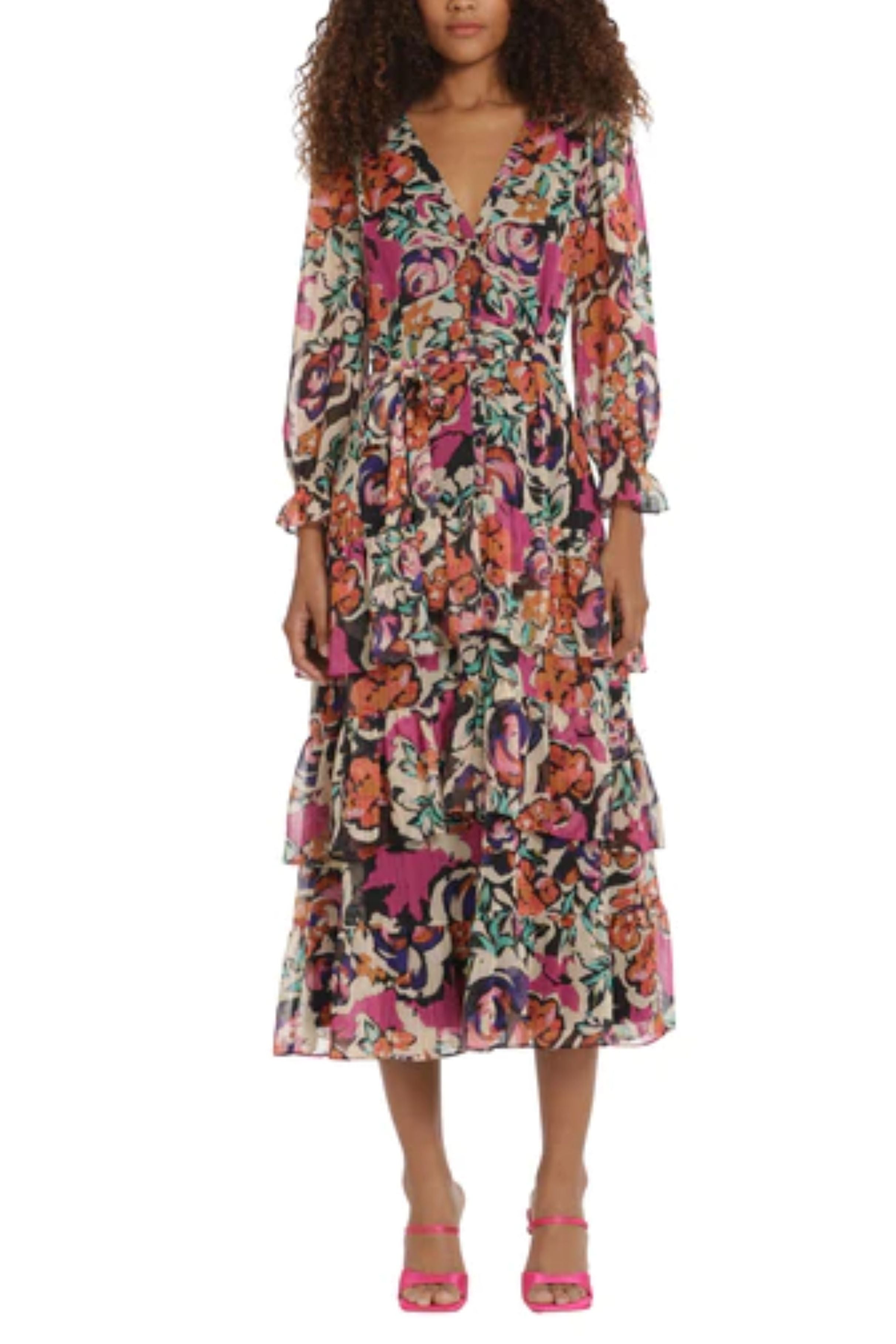 Cream Hot Bishop Long Sleeve Floral Tiered Midi Dress by Donna Morgan D8517M
