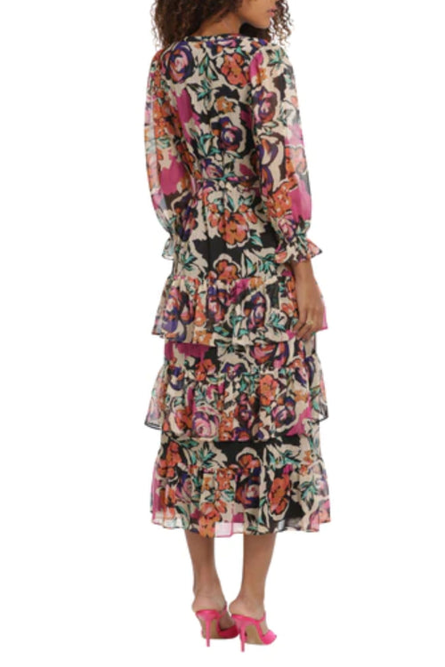 Cream Hot Bishop Long Sleeve Floral Tiered Midi Dress by Donna Morgan D8517M