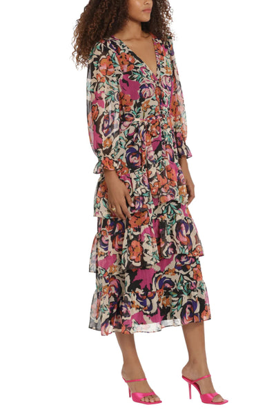 Cream Hot Bishop Long Sleeve Floral Tiered Midi Dress by Donna Morgan D8517M