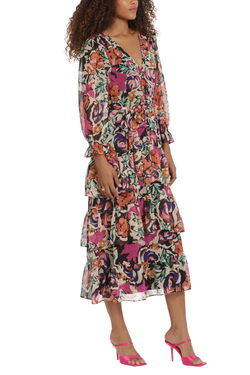 Cream Hot Bishop Long Sleeve Floral Tiered Midi Dress by Donna Morgan D8517M