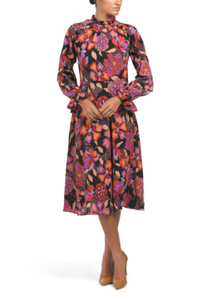 Black Red Bishop Long Sleeve Ruffle Sleeve Floral Mock Neck Midi A-Line Dress by Donna Morgan D9147M
