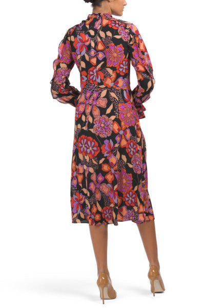 Black Red Bishop Long Sleeve Ruffle Sleeve Floral Mock Neck Midi A-Line Dress by Donna Morgan D9147M
