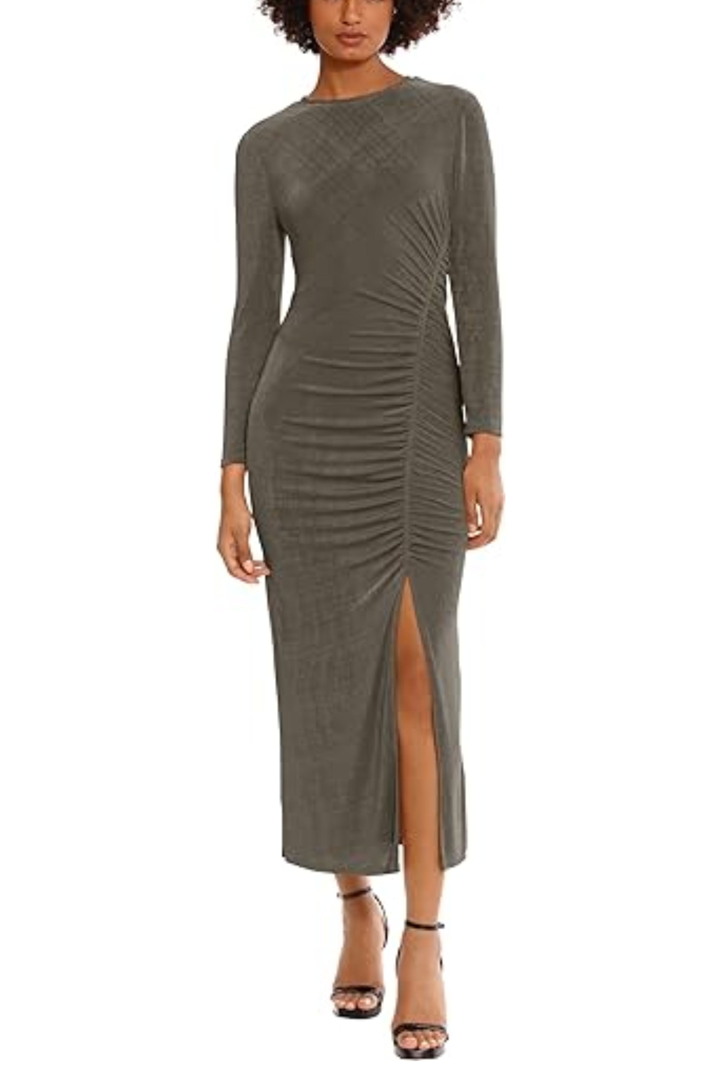 Dusty Olive Long Sleeve Ruched Side Midi Maxi Fitted Dress by Donna Morgan D9154M