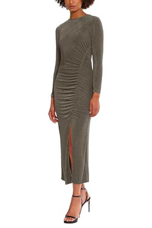 Dusty Olive Long Sleeve Ruched Side Midi Maxi Fitted Dress by Donna Morgan D9154M