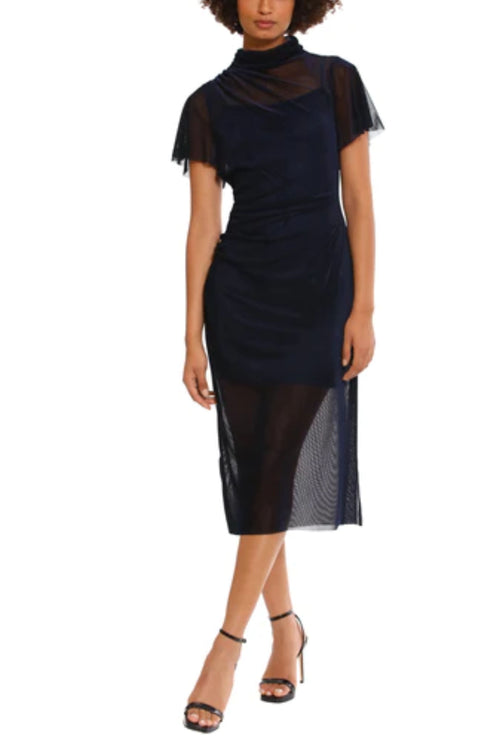 Navy Short Sleeve Mock Neckline Midi Cocktail Dress by Donna Morgan D9159M