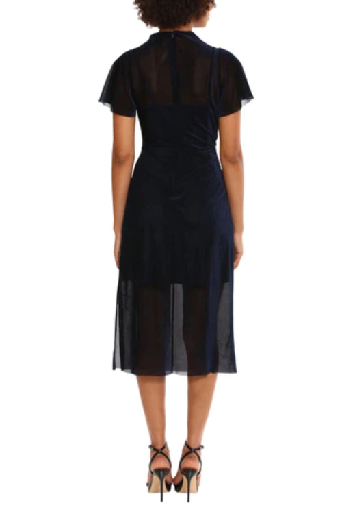 Navy Short Sleeve Mock Neckline Midi Cocktail Dress by Donna Morgan D9159M