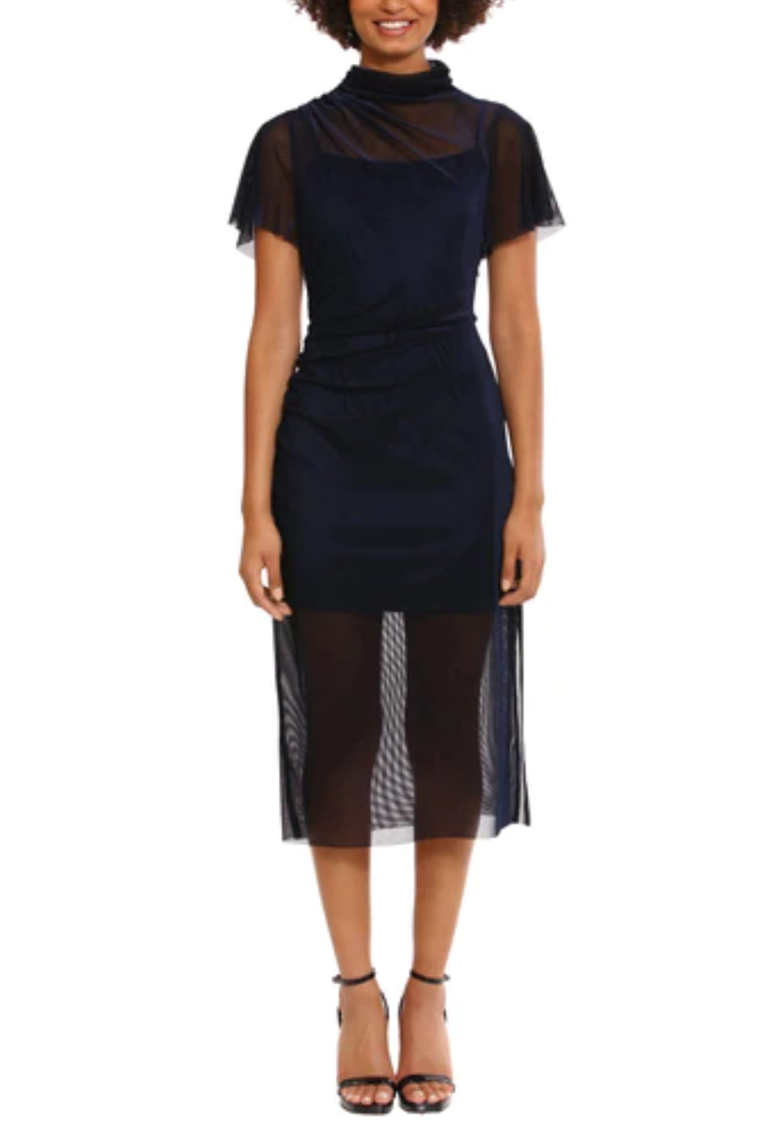 Donna Morgan Short Sleeve Illusion Neckline Dress Navy / 16
