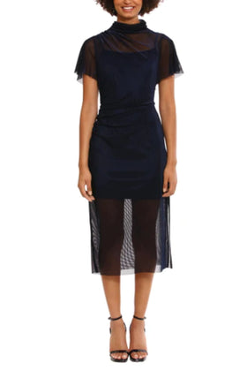 Navy Short Sleeve Mock Neckline Midi Cocktail Dress by Donna Morgan D9159M