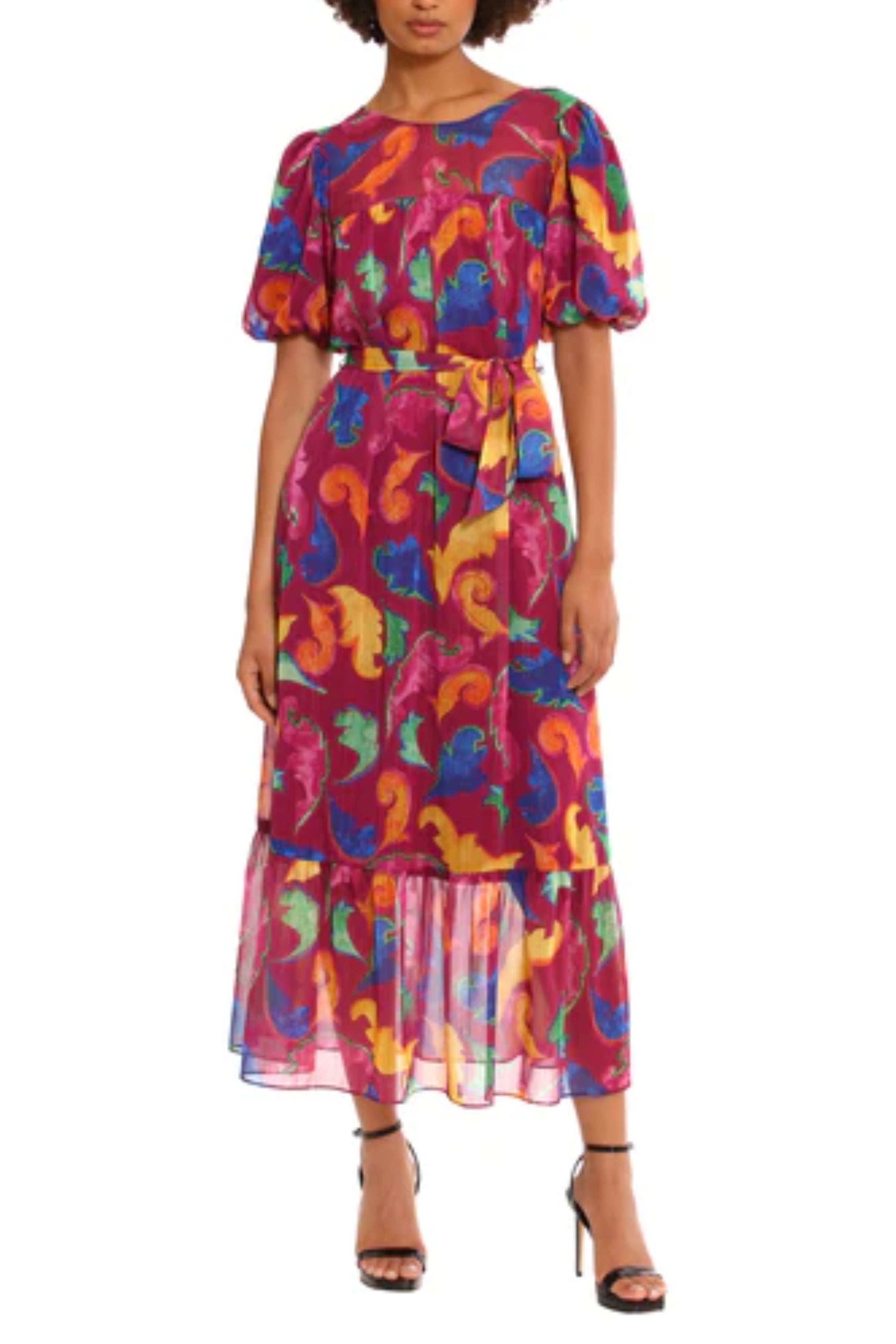 Ripeazal Puff Sleeve Belted Ruffled Hem Maxi A-Line Dress by Donna Morgan D9181M
