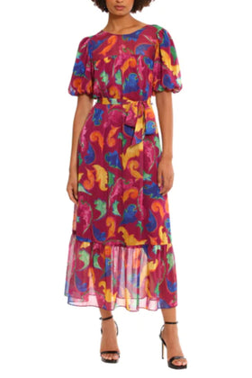 Ripeazal Puff Sleeve Belted Ruffled Hem Maxi A-Line Dress by Donna Morgan D9181M