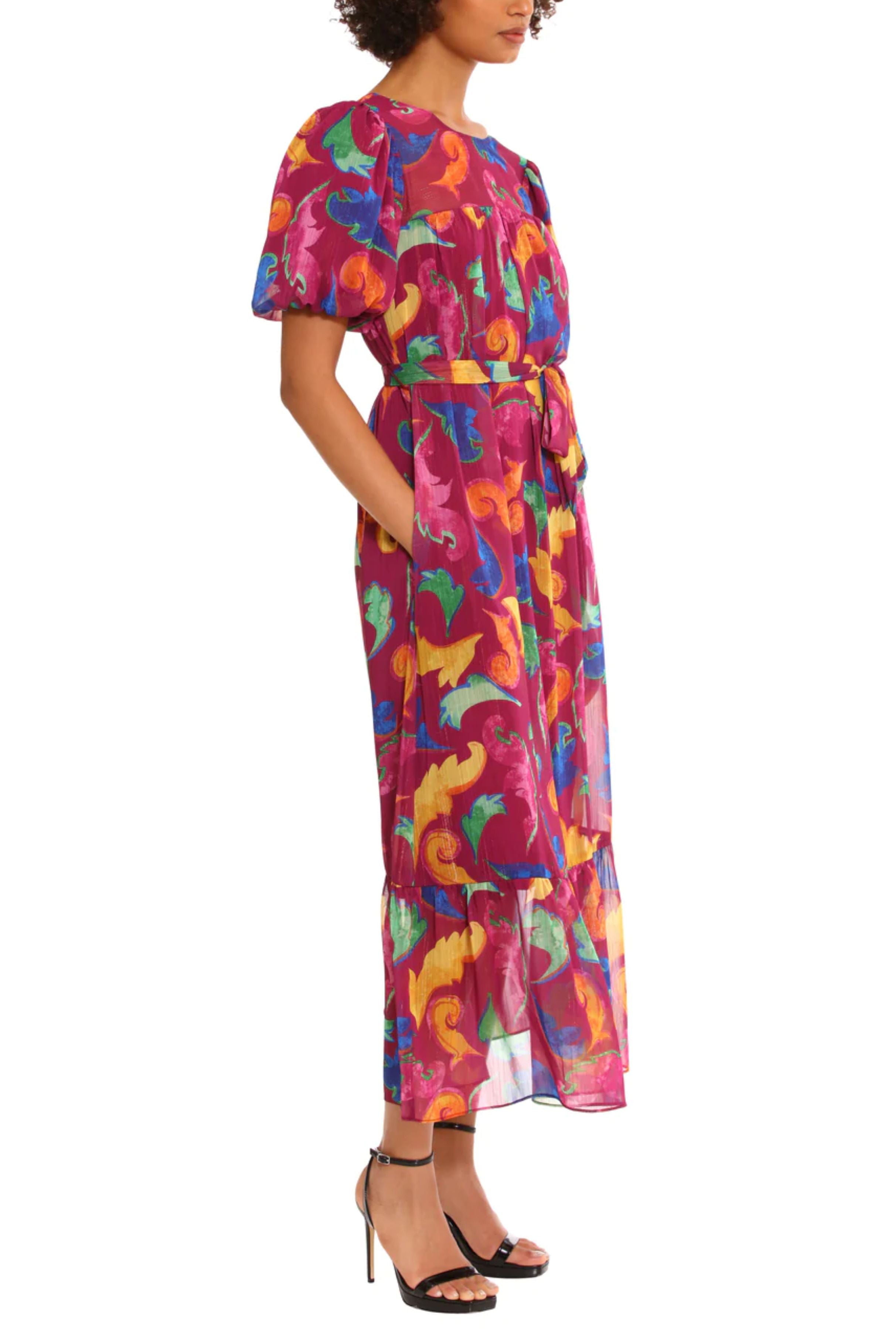 Ripeazal Puff Sleeve Belted Ruffled Hem Maxi A-Line Dress by Donna Morgan D9181M
