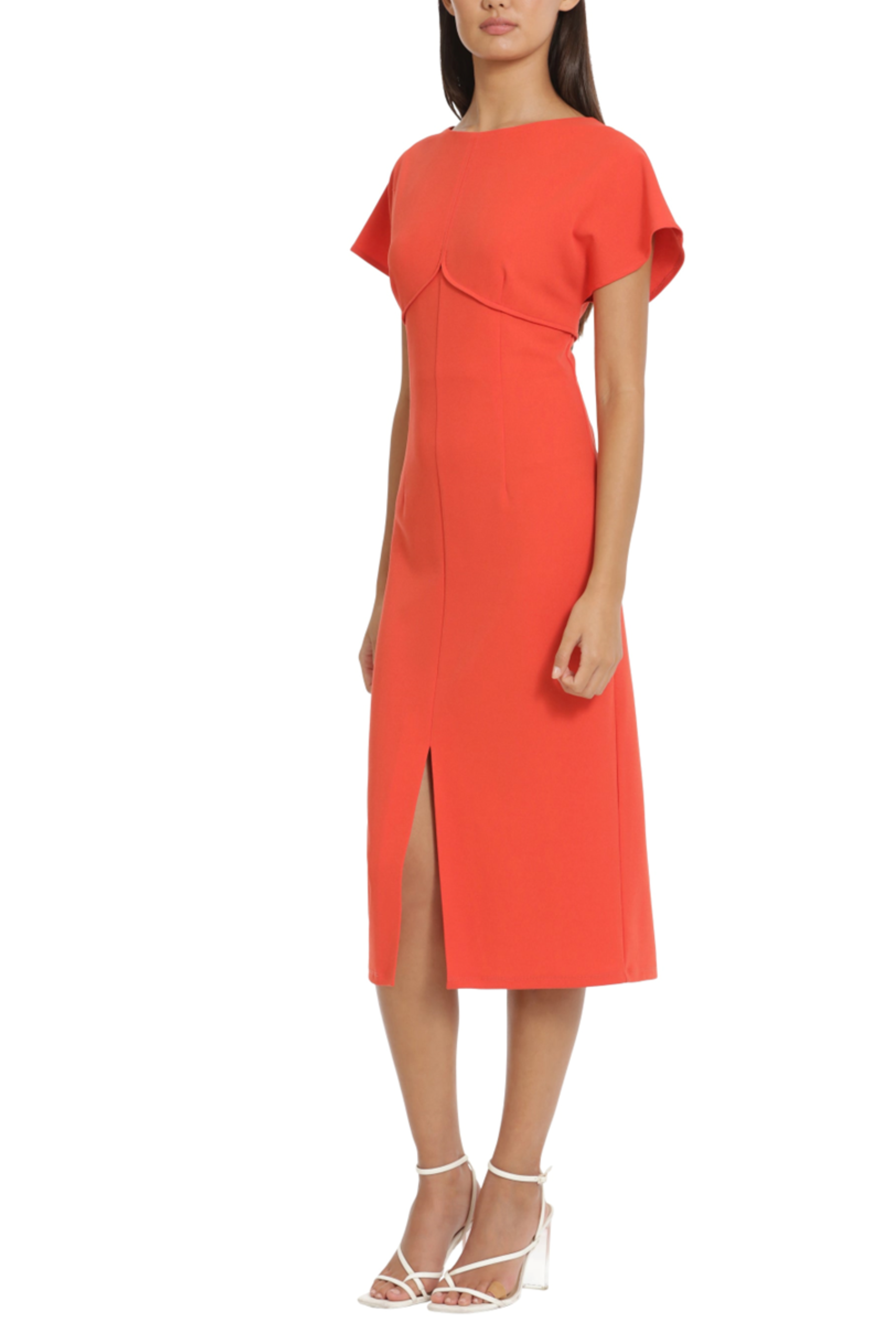 Aurora Red Short Flutter Sleeve Bateau Neck Flutter Sleeve Sheath Midi Dress by Donna Morgan D9192M