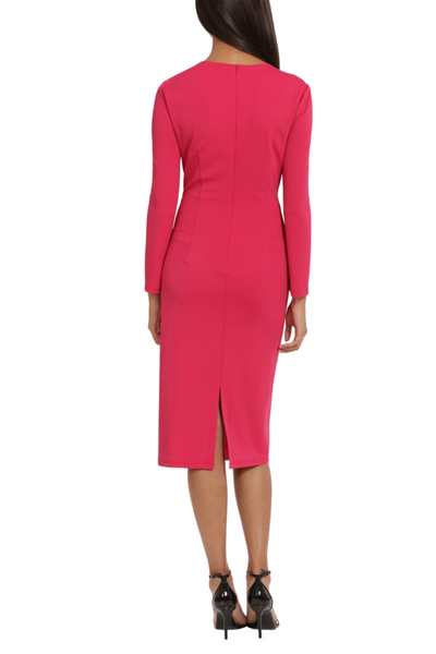 Bright Rose Long Sleeve Ruched Sheath Knee-Length Dress by Donna Morgan D9197M