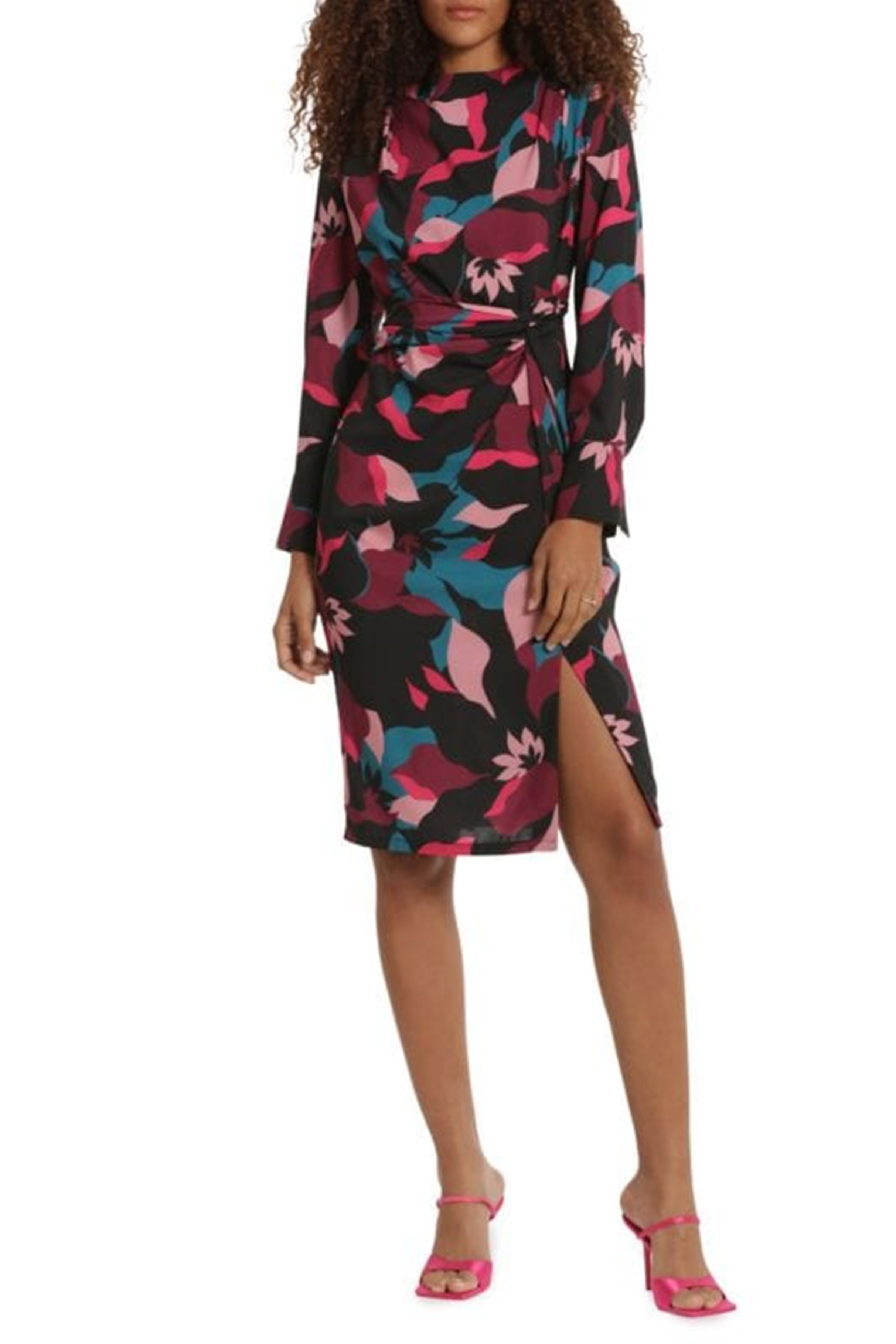Black Wine Long Sleeve Floral Twisted-Knot Knee-Length Dress by Donna Morgan D9223M
