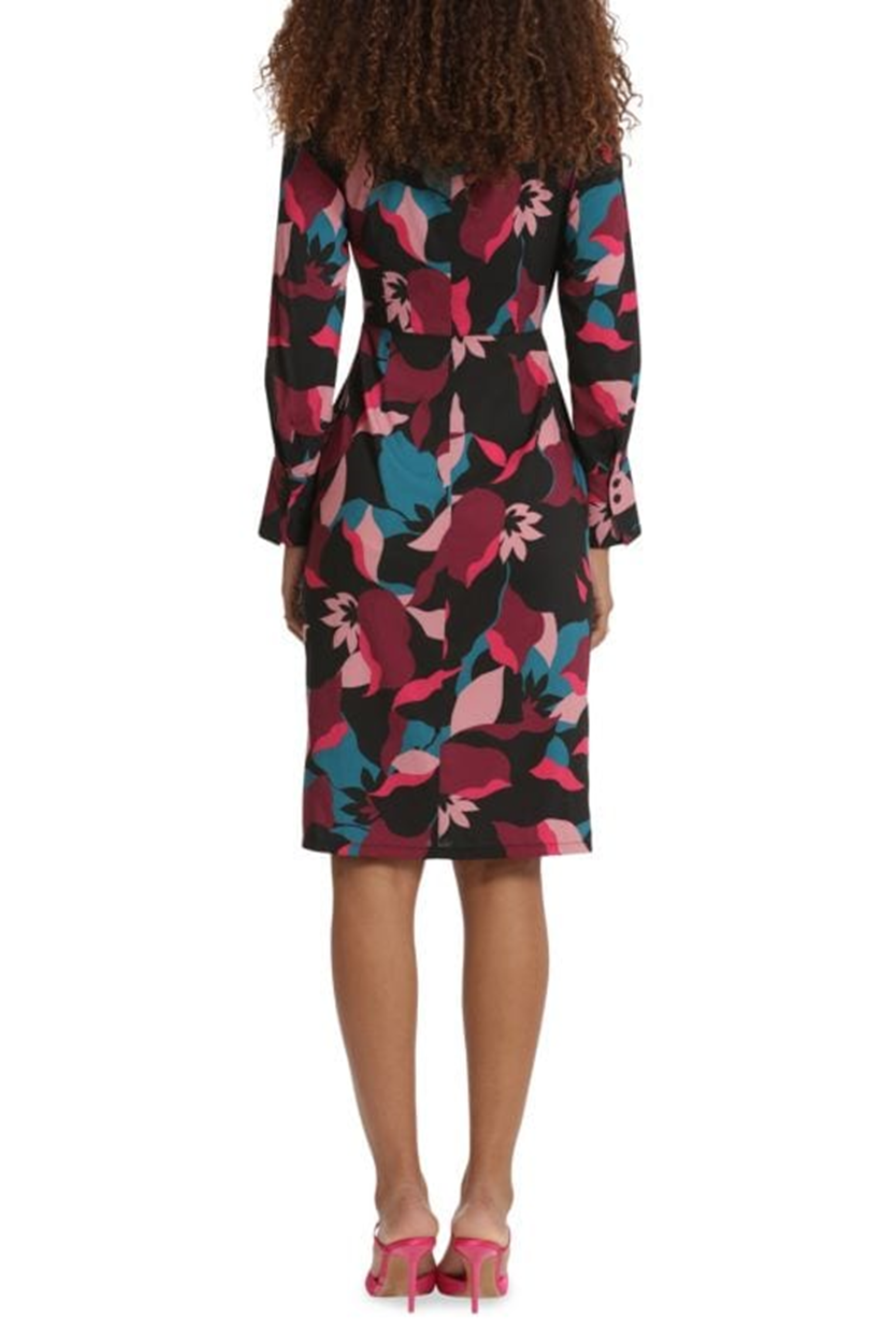 Black Wine Long Sleeve Floral Twisted-Knot Knee-Length Dress by Donna Morgan D9223M