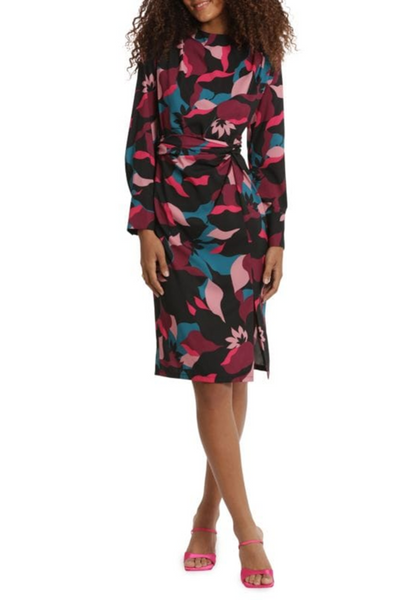 Black Wine Long Sleeve Floral Twisted-Knot Knee-Length Dress by Donna Morgan D9223M
