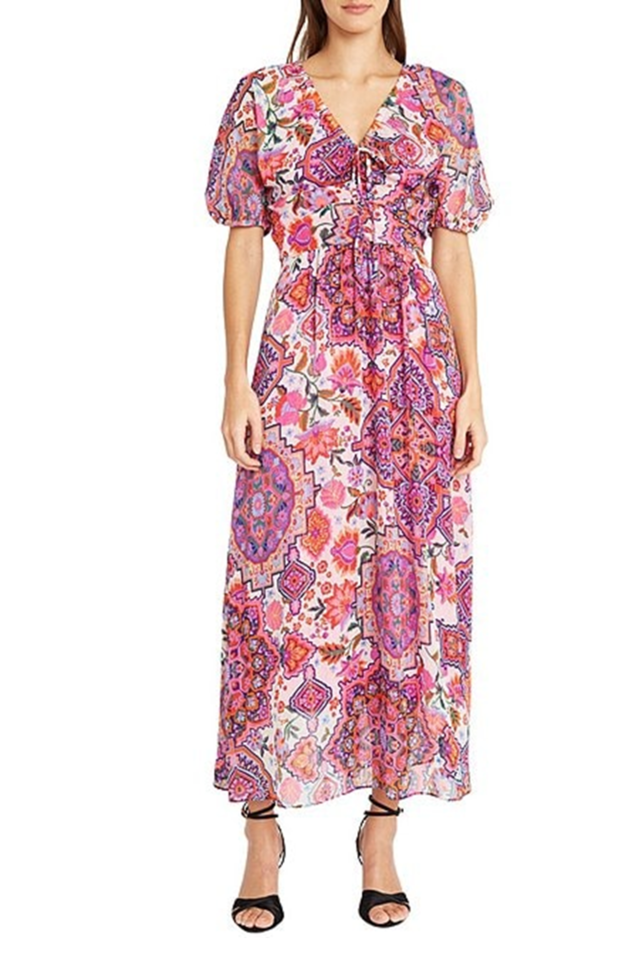 Soft White Pink Short Sleeve Floral Print Maxi A-Line Dress by Donna Morgan D9283M