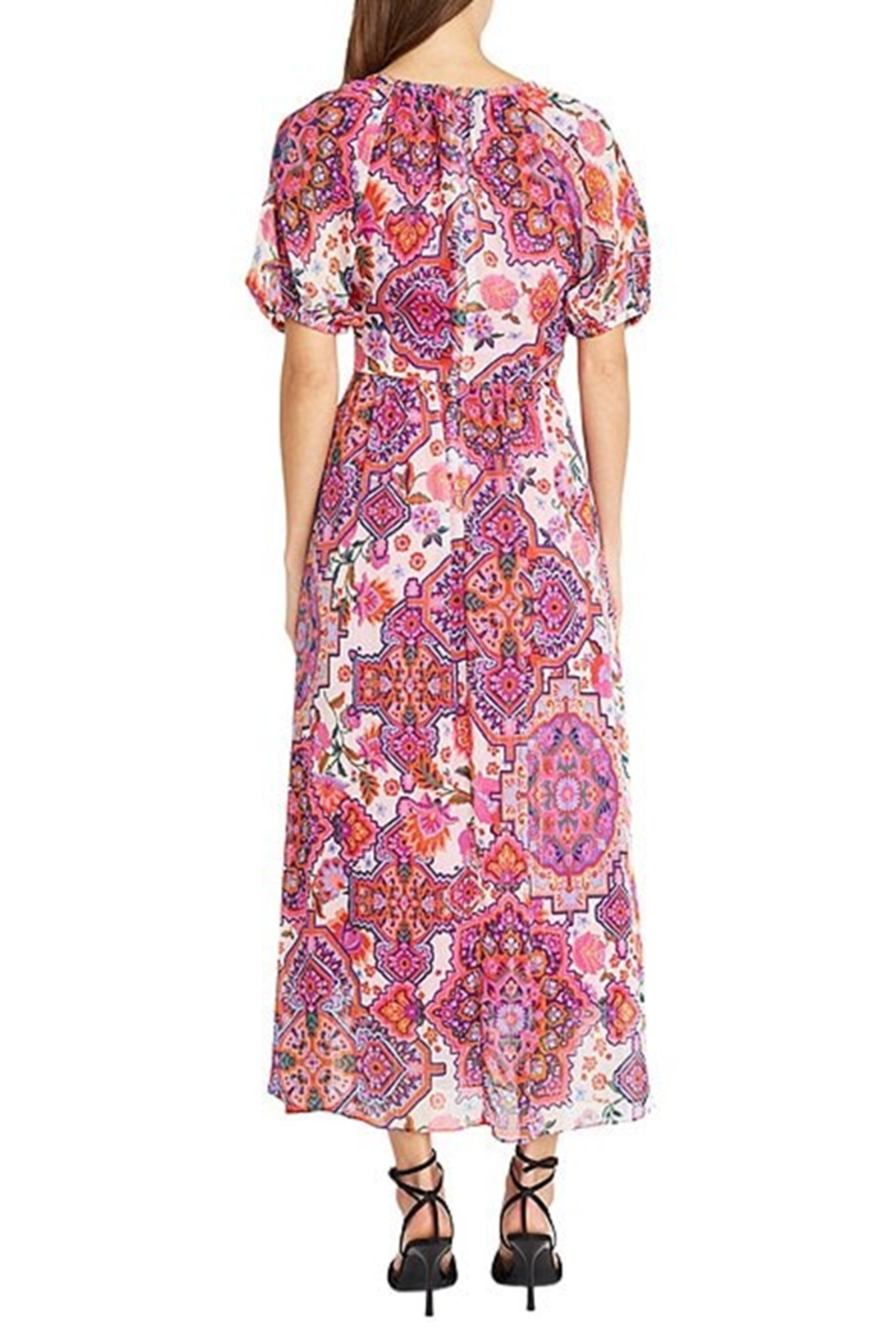 Soft White Pink Short Sleeve Floral Print Maxi A-Line Dress by Donna Morgan D9283M