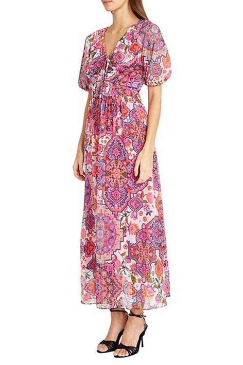 Soft White Pink Short Sleeve Floral Print Maxi A-Line Dress by Donna Morgan D9283M