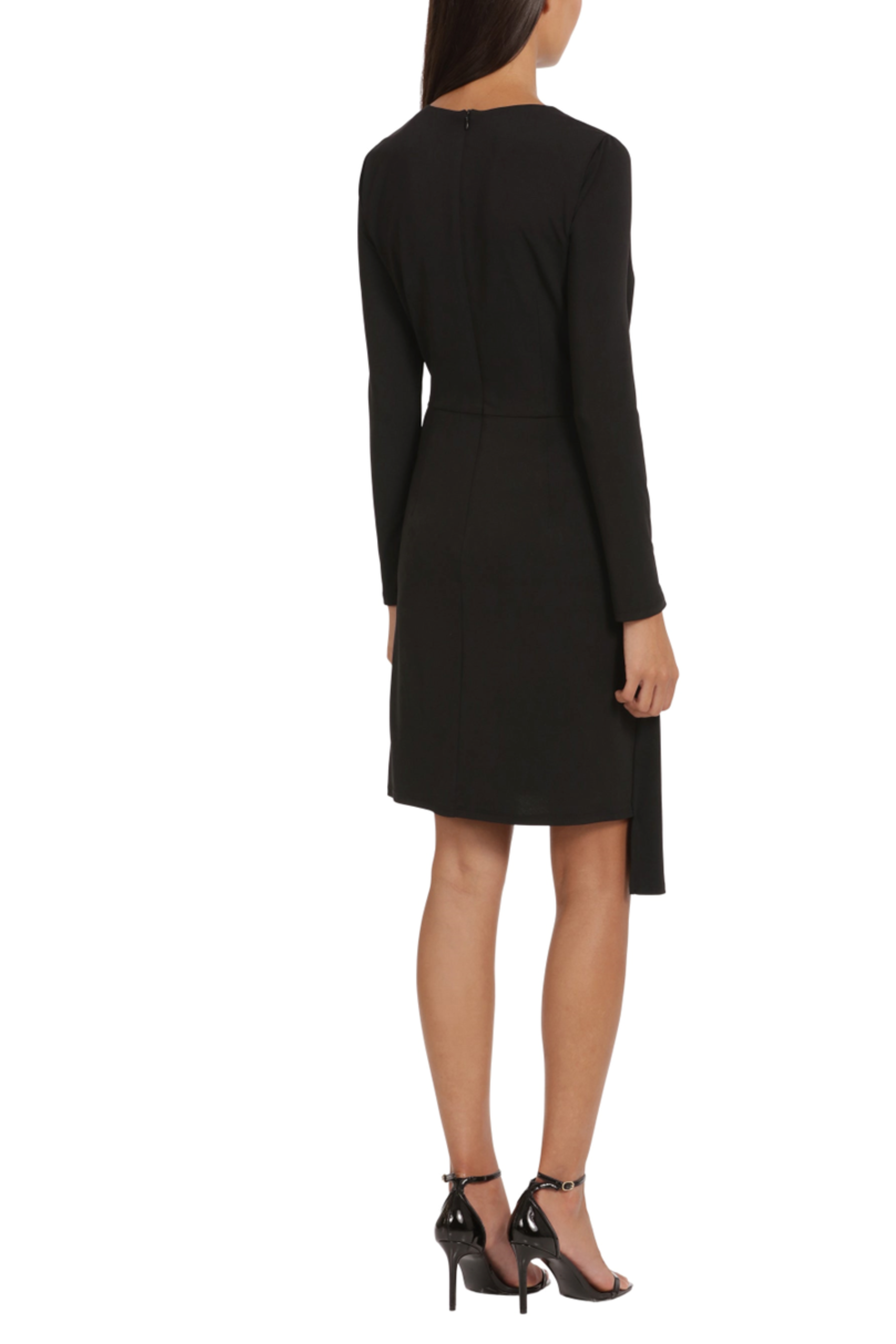 Black Long Sleeve Draped and Ruched Knee-Length Cocktail Dress by Donna Morgan D9287M