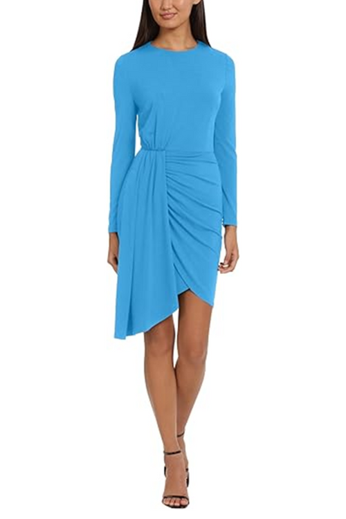 Ocean Blue Long Sleeve Draped and Ruched Knee-Length Cocktail Dress by Donna Morgan D9287M