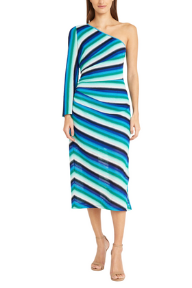 Blue Combo One Shoulder Striped Crochet Midi Dress by Donna Morgan D9303M