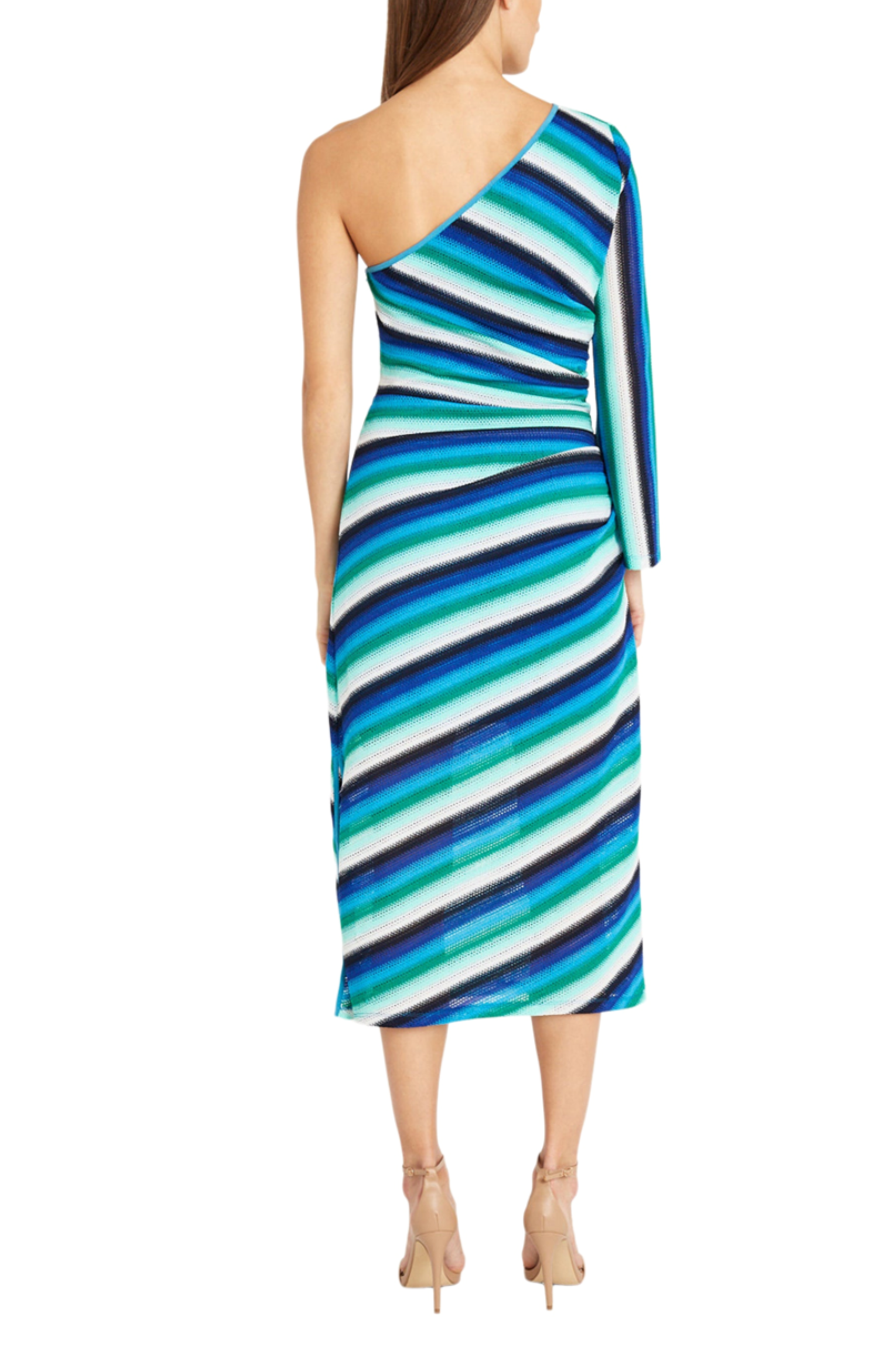 Blue Combo One Shoulder Striped Crochet Midi Dress by Donna Morgan D9303M