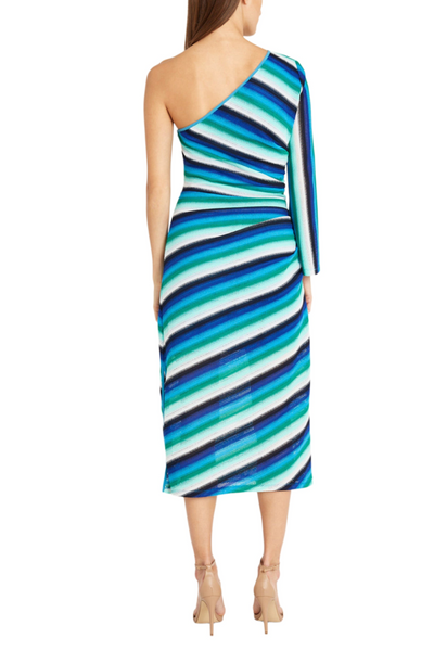 Blue Combo One Shoulder Striped Crochet Midi Dress by Donna Morgan D9303M