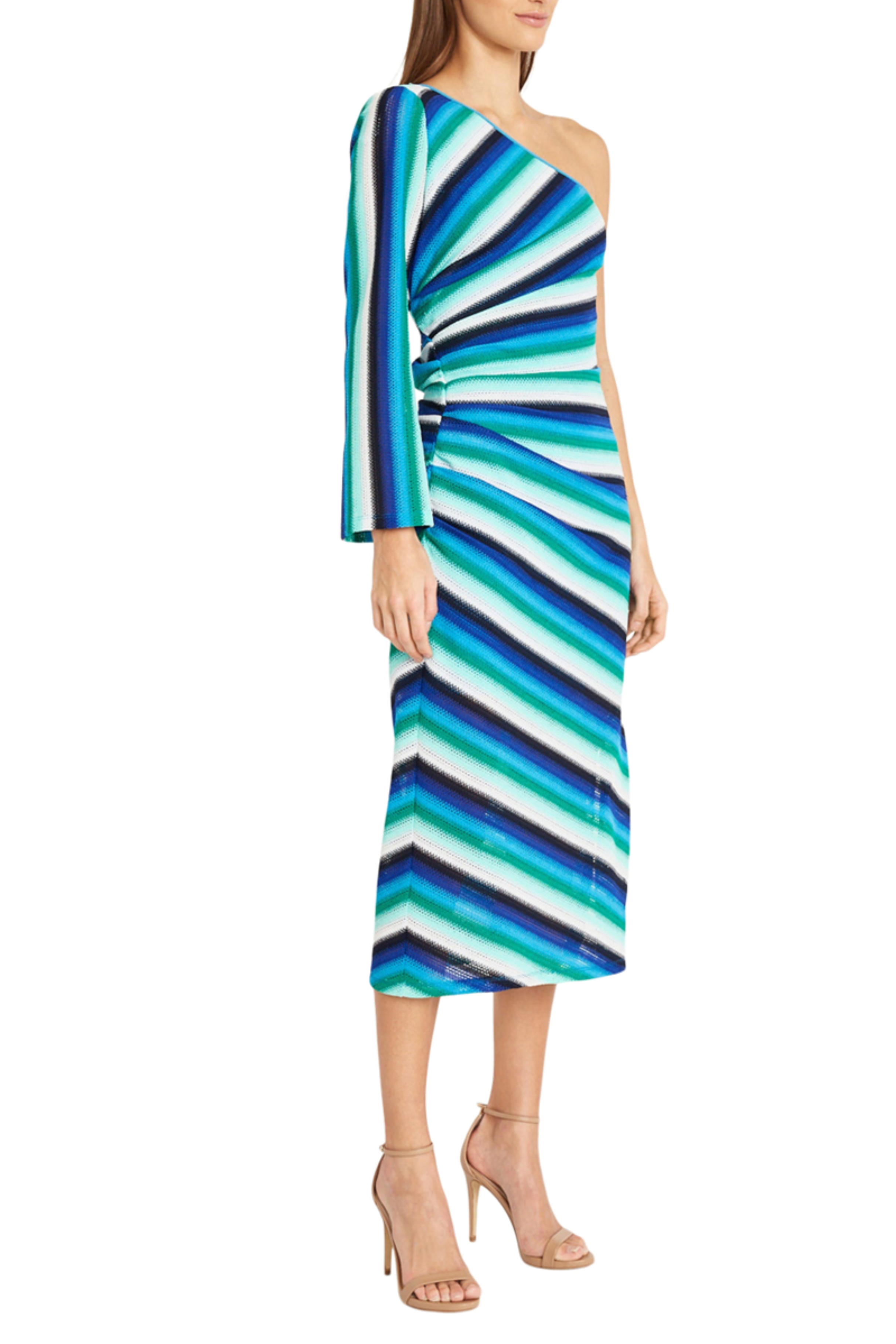 Blue Combo One Shoulder Striped Crochet Midi Dress by Donna Morgan D9303M