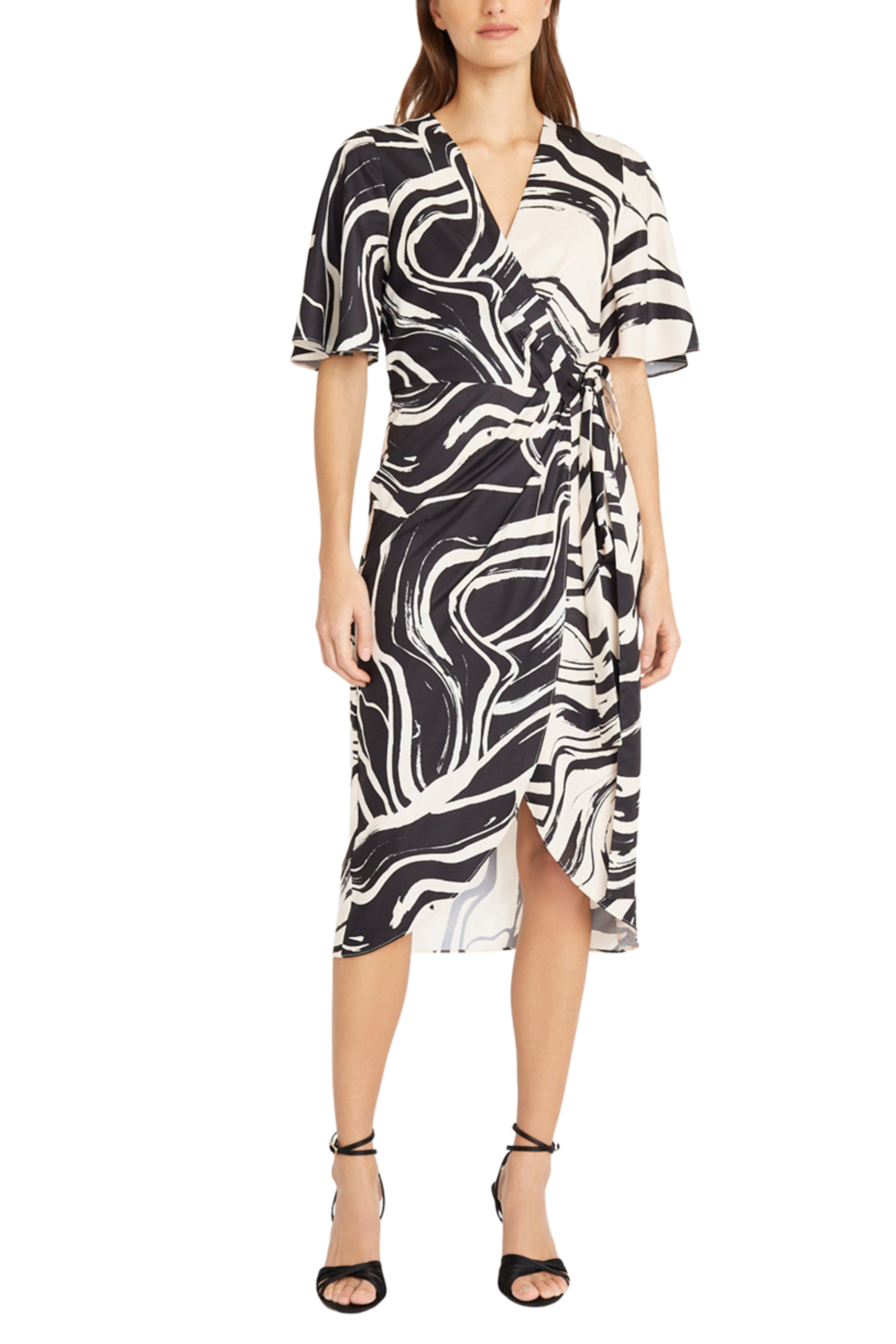 Black Cream V-Neck Short Sleeve Abstract Wrap Midi Dress by Donna Morgan D9339M