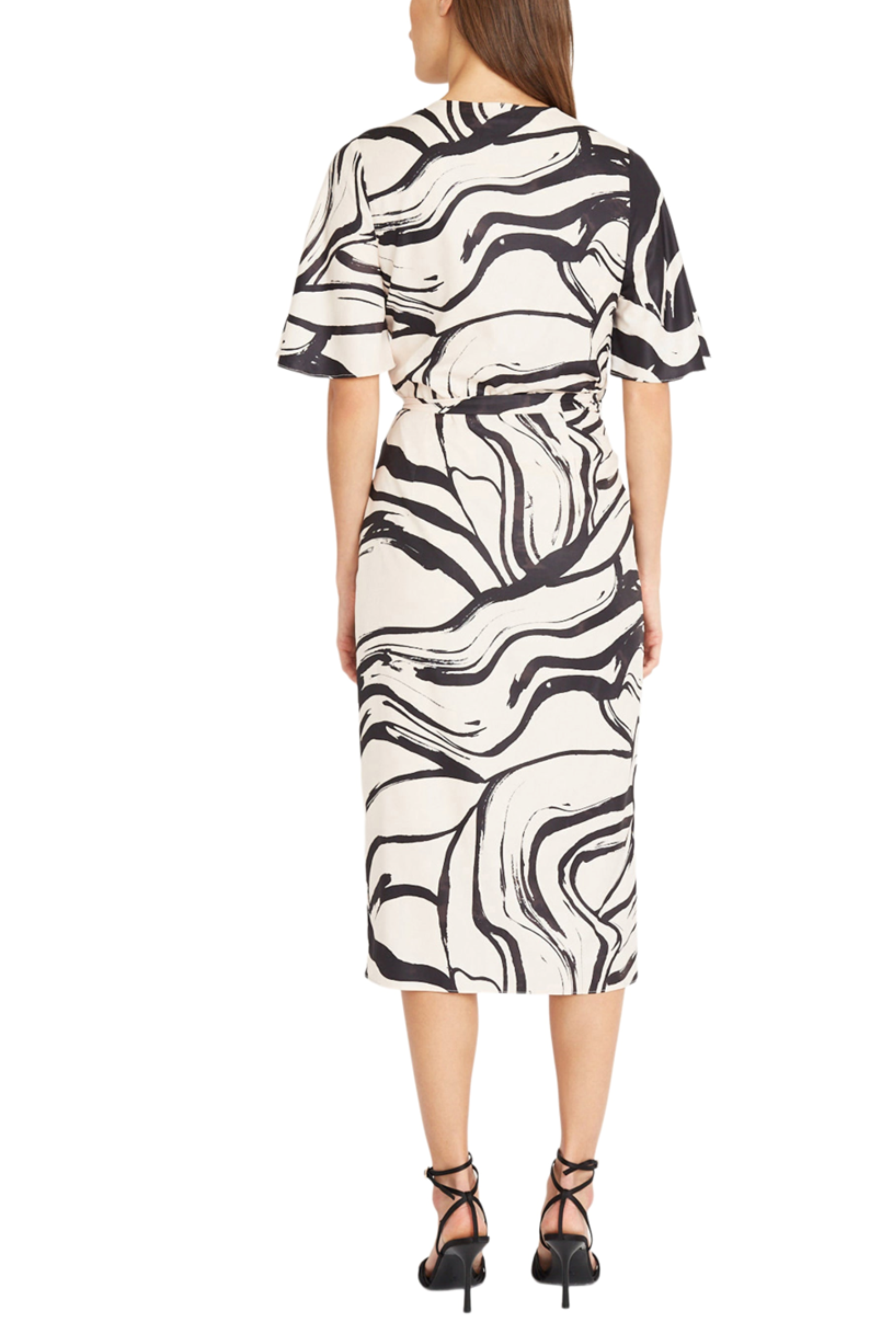 Black Cream V-Neck Short Sleeve Abstract Wrap Midi Dress by Donna Morgan D9339M