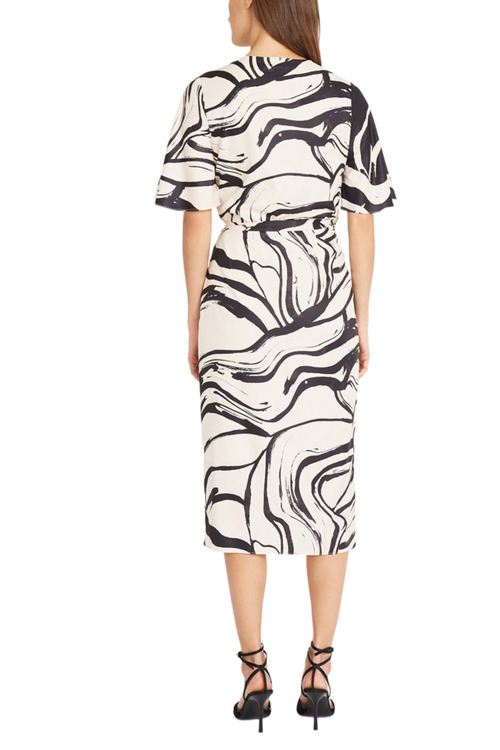 Black Cream V-Neck Short Sleeve Abstract Wrap Midi Dress by Donna Morgan D9339M