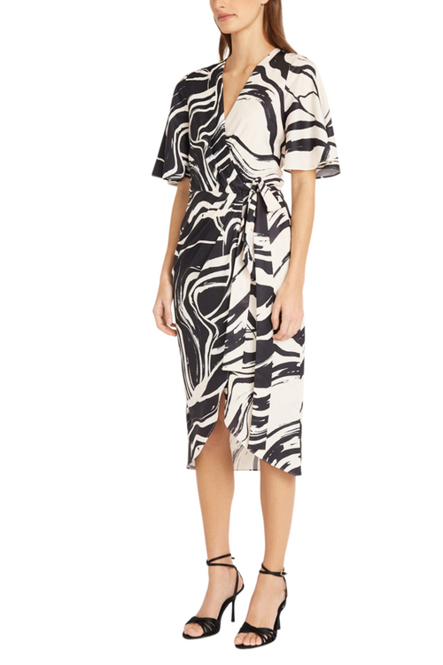 Black Cream V-Neck Short Sleeve Abstract Wrap Midi Dress by Donna Morgan D9339M