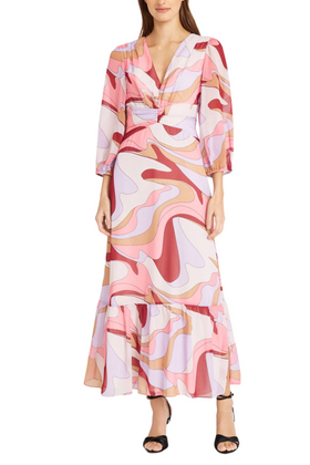 Pink Multi 3/4 Sleeve V-Neck Abstract Maxi A-Line Dress by Donna Morgan D9361M
