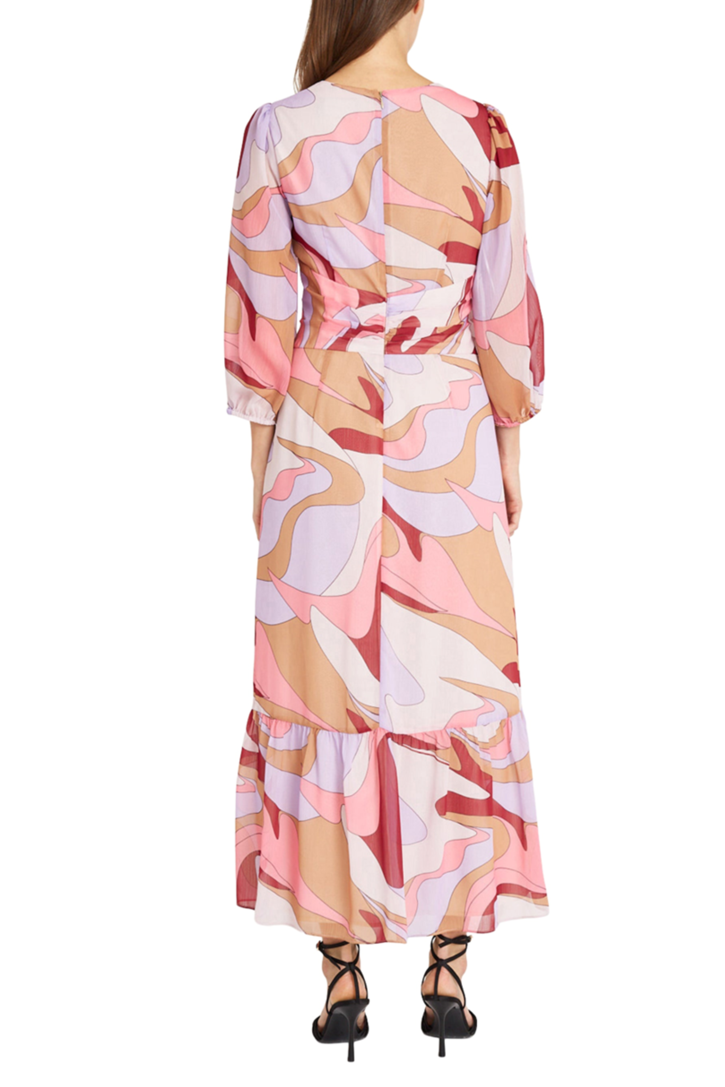 Pink Multi 3/4 Sleeve V-Neck Abstract Maxi A-Line Dress by Donna Morgan D9361M