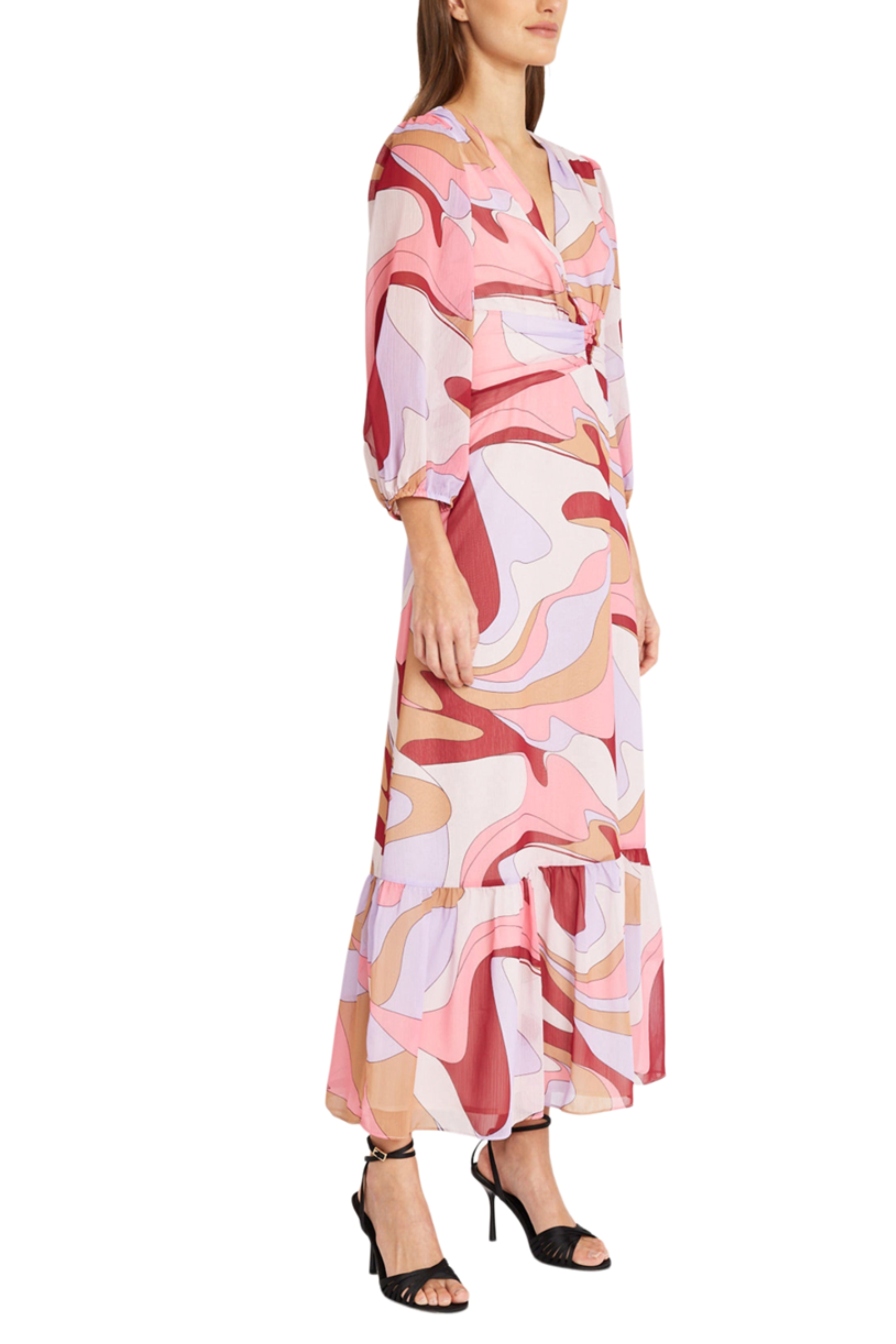 Pink Multi 3/4 Sleeve V-Neck Abstract Maxi A-Line Dress by Donna Morgan D9361M