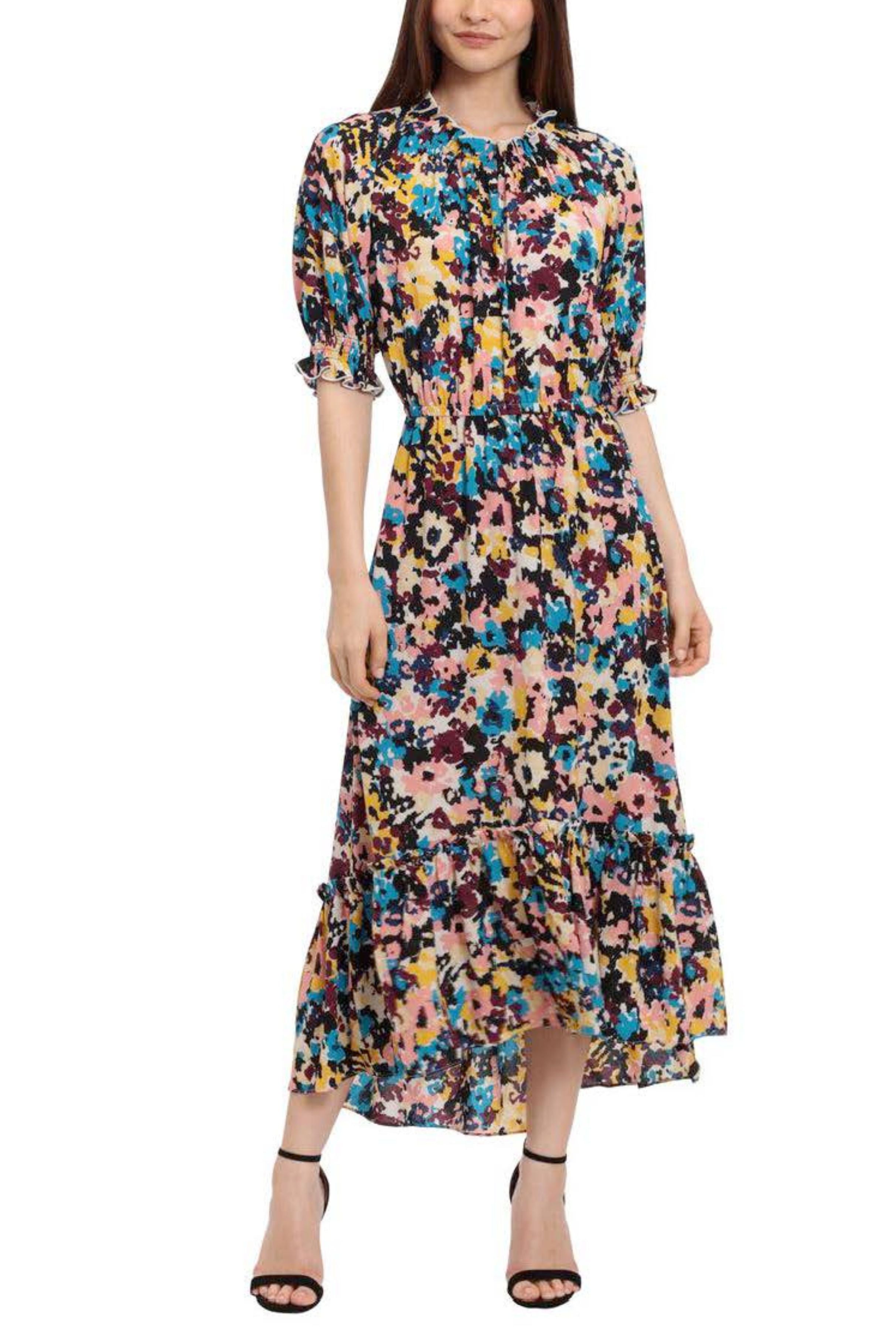 Aut Turq Peach Cob Smocked Neck Short-Sleeve Abstract Midi Dress by Donna Morgan DT077M