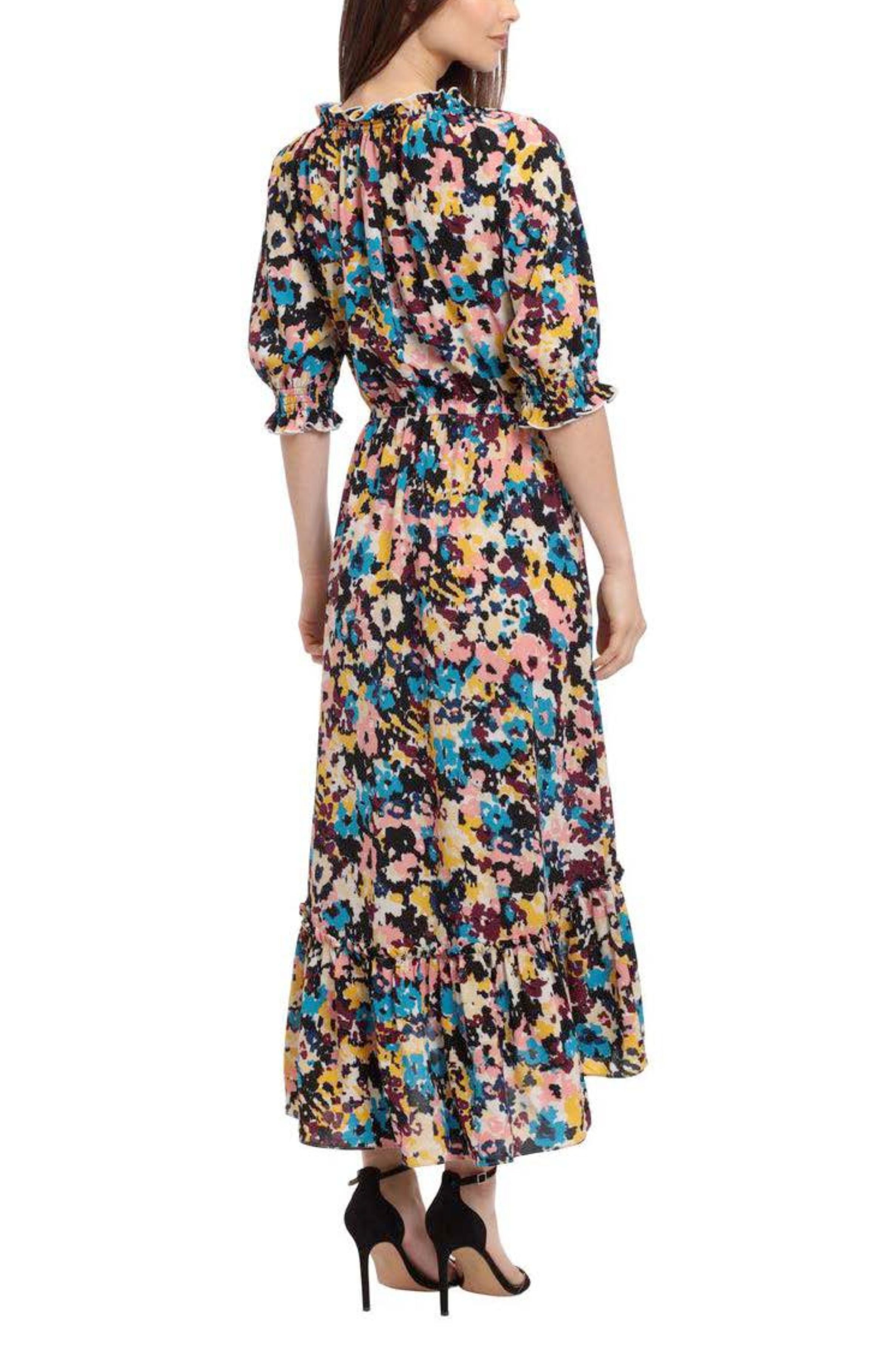 Aut Turq Peach Cob Smocked Neck Short-Sleeve Abstract Midi Dress by Donna Morgan DT077M