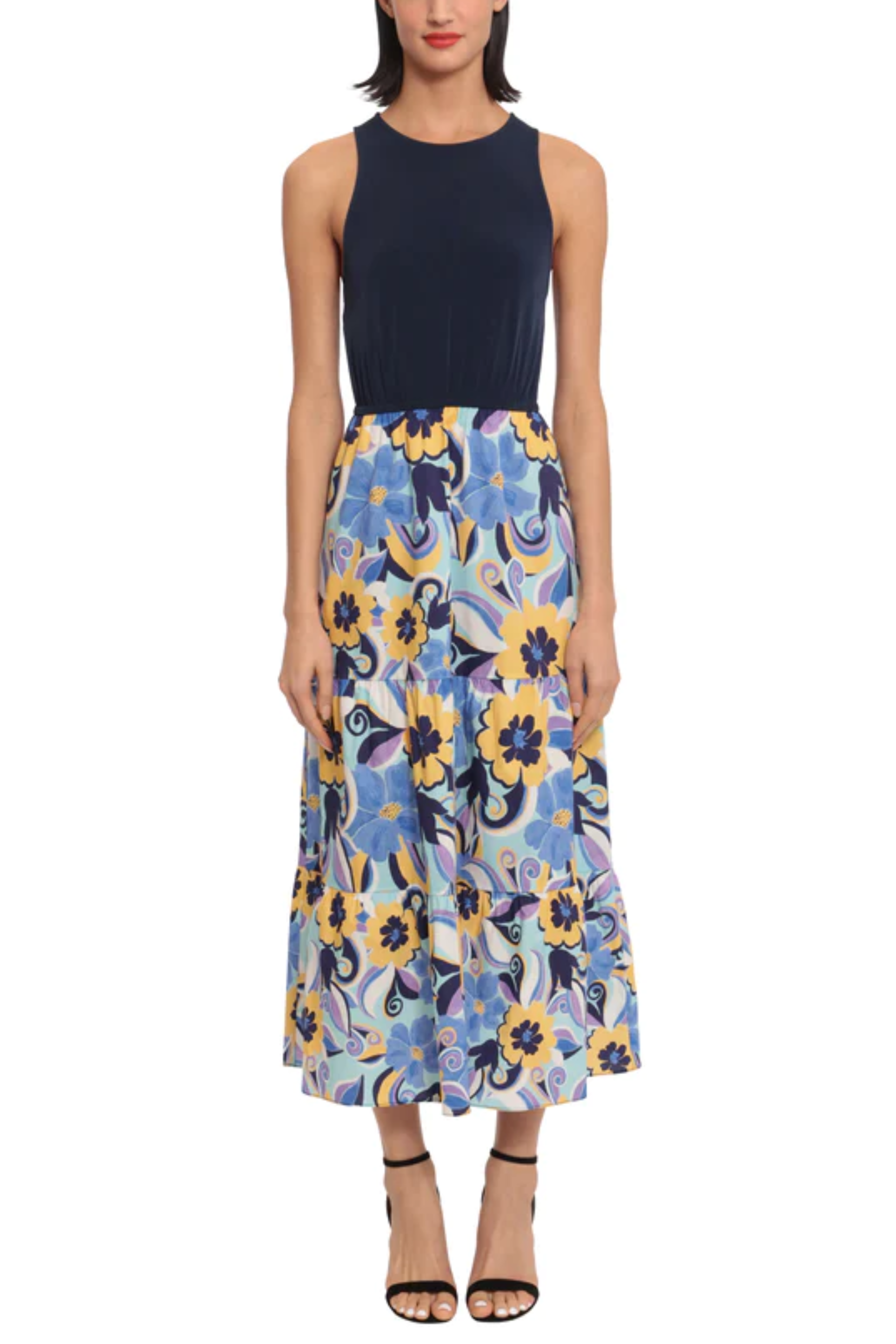 Blue Radi Marigold Round Neck Floral Skirt and Tank Contrast Maxi Dress by Donna Morgan DT097M