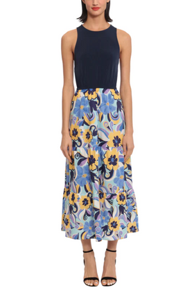 Blue Radi Marigold Round Neck Floral Skirt and Tank Contrast Maxi Dress by Donna Morgan DT097M